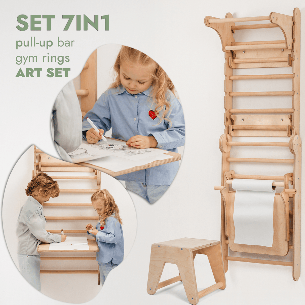 Wooden Swedish Wall / Climbing ladder for Children + Swing Set + Slide Board + Art Add-on